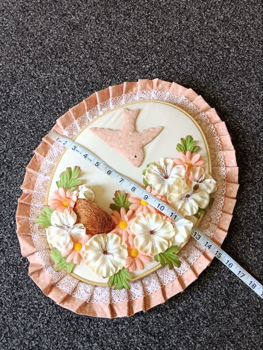 Coquette Vintage Cottage Quilted Hoop Wall Hanging Whimsy Pink Bird Nest Decor - Picture 14 of 16